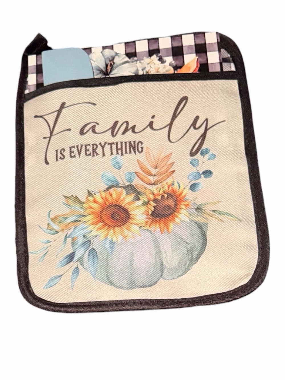 Fall Themed “Family Is Everything”  Pocket Pot Holder With Blue Spatula NWOT